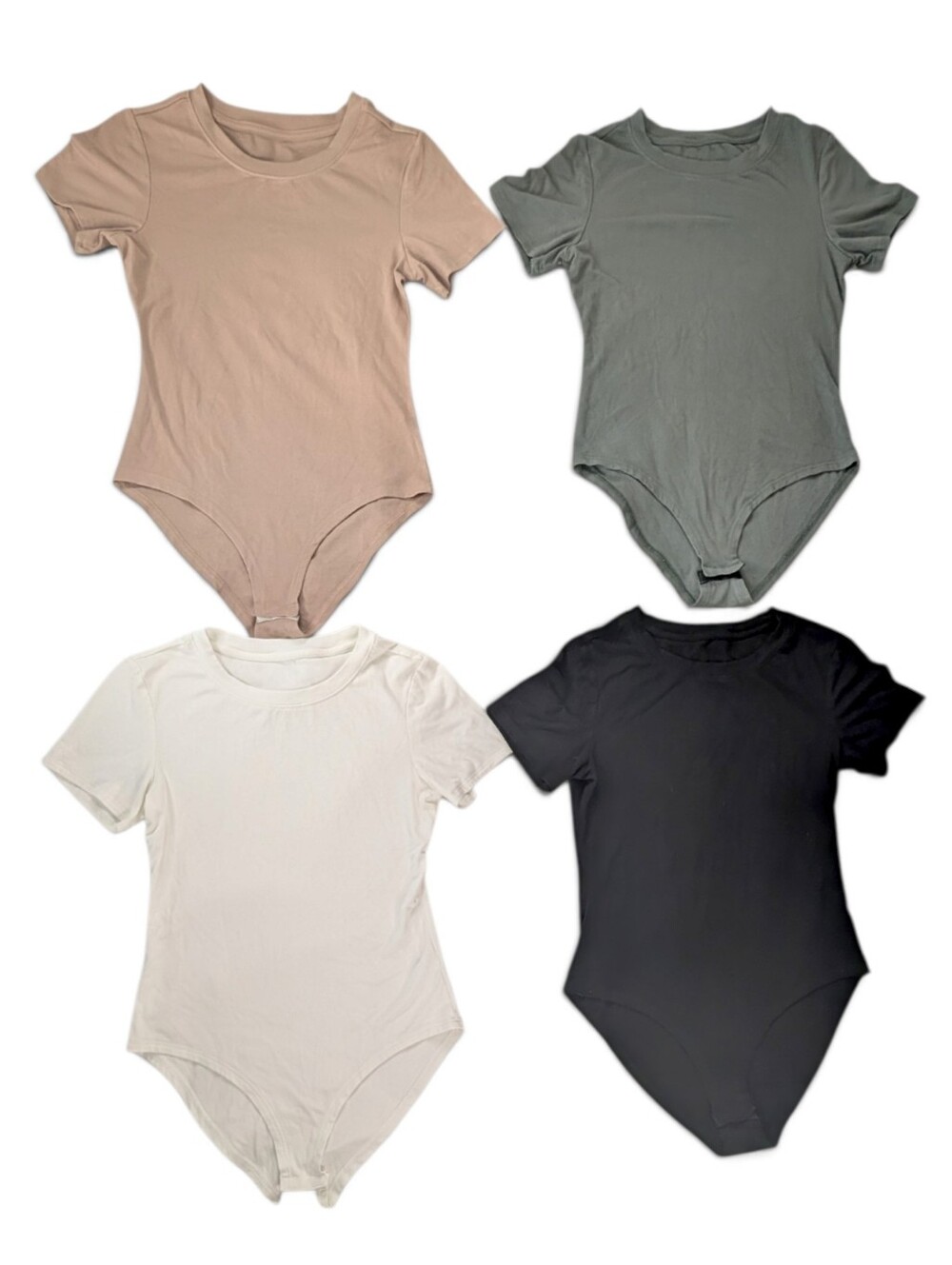 4 Bodysuits Medium Womens Black White Tan Green Short Sleeve Stretchy Knit NWOT